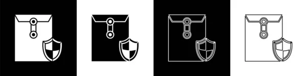 Set Umschlag Mit Schild Symbol Isoliert Auf Schwarz Weißem Hintergrund — Stockvektor