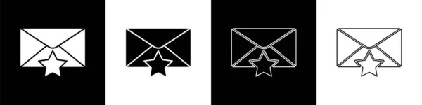 Set Umschlag Mit Stern Symbol Isoliert Auf Schwarz Weißem Hintergrund — Stockvektor