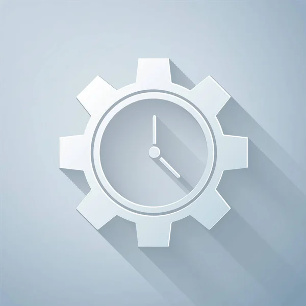 紙切り時間管理アイコンは 灰色の背景に分離されています 時計とギアサイン 生産性記号 ペーパーアートスタイル ベクトルイラストレーション — ストックベクタ
