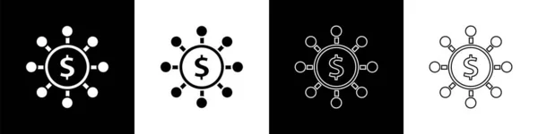 Set Dollar Share Network Icon Isoliert Auf Schwarzem Und Weißem — Stockvektor