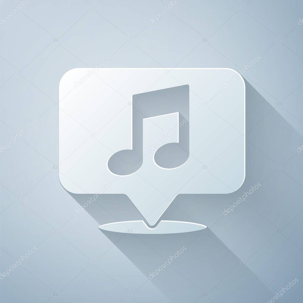 Paper cut Musical note in speech bubble icon isolated on grey background. Music and sound concept. Paper art style. Vector Illustration