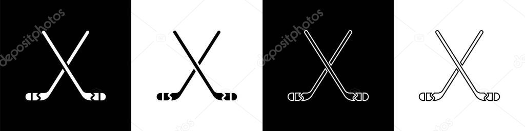 Set Ice hockey sticks icon isolated on black and white background. Vector Illustration