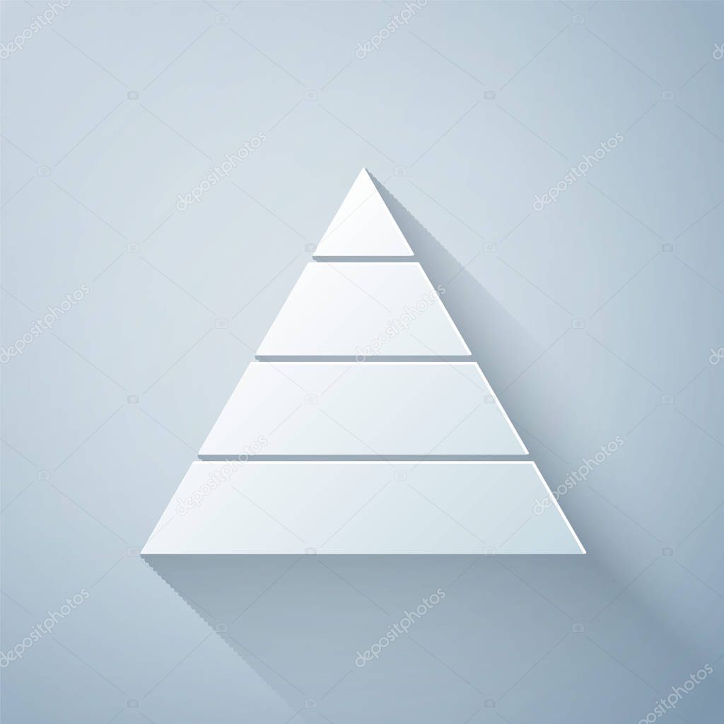 Paper cut Business pyramid chart infographics icon isolated on grey background. Pyramidal stages graph elements. Paper art style. Vector Illustration