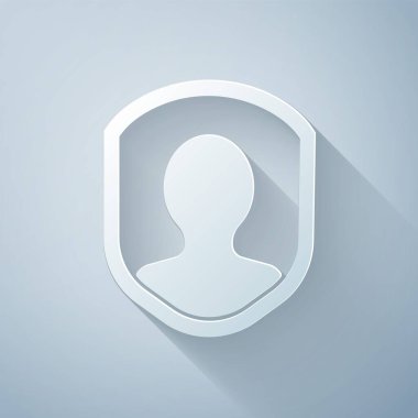 Kağıt kesme Kullanıcı koruma simgesi gri arkaplanda izole edildi. Güvenli kullanıcı girişi, şifre koruması, kişisel veri koruması, kimlik doğrulaması. Kağıt sanatı tarzı. Vektör İllüstrasyonu