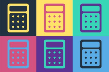 Pop Art Calculator simgesi renk arkaplanında izole edildi. Muhasebe sembolü. İş hesaplamaları matematik eğitimi ve finans. Vektör İllüstrasyonu