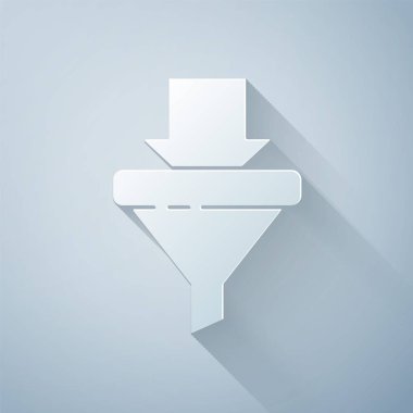 Kağıt kesiği satış hunisi ve pazarlama için oklar ve girişim simgesi gri arka planda izole edilmiş. Bilgi şablonu. Kağıt sanatı tarzı. Vektör İllüstrasyonu