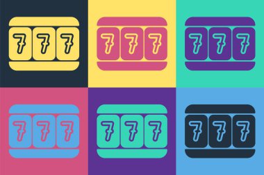 Şanslı yedili büyük ikramiye ikonu renkli arka planda izole edilmiş Pop Art Slot makinesi. Vektör İllüstrasyonu