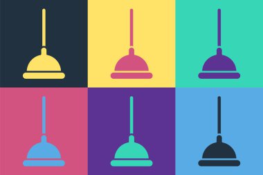 Boru temizleme ikonu için ahşap saplı Pop Art Lastik pompası renk arkaplanda izole edilmiş. Tuvalet pompası. Vektör İllüstrasyonu