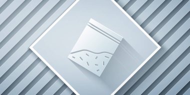 Kağıt kesiği, gri arka planda izole edilmiş plastik uyuşturucu ikonu torbası. Sağlık tehlikesi. Kağıt sanatı tarzı. Vektör İllüstrasyonu