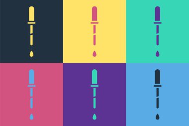 Pop Art Pipette simgesi renk arkaplanında izole edilmiş. Tıbbi elementler, kimya laboratuarı ekipmanları. Damlalı boru. Tıp sembolü. Vektör İllüstrasyonu