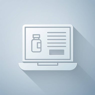 Kağıt, gri arkaplanda izole edilmiş dizüstü bilgisayar ikonunda uyuşturucu satın alırken kesilmiş. İnternetten satın alma sembolü. Kağıt sanatı tarzı. Vektör İllüstrasyonu