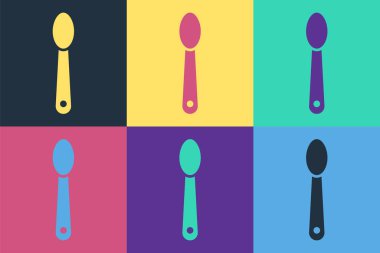 Renkli arka planda izole edilmiş bir kaşık ikonunda pop sanat eroini. Uyuşturucu bağımlılığı ve uyuşturucu bağımlılığı kavramı. Bağımlı yaşam tarzı. Vektör İllüstrasyonu