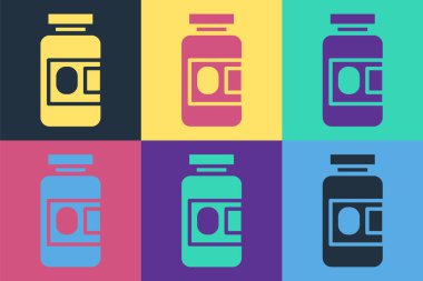 Pop Art Medicine şişesi ve renkli arka planda izole edilmiş hap ikonu. Şişe hapı işareti. Eczane tasarımı. Vektör İllüstrasyonu