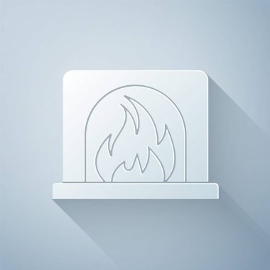 Kağıt kesiği, gri arka planda izole edilmiş şömine ikonu. Kağıt sanatı tarzı. Vektör İllüstrasyonu