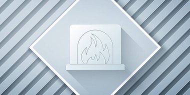 Kağıt kesiği, gri arka planda izole edilmiş şömine ikonu. Kağıt sanatı tarzı. Vektör İllüstrasyonu