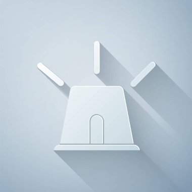 Kağıt kesiği, gri arka planda izole edilmiş Flasher siren simgesi. Acil durum sireni. Kağıt sanatı tarzı. Vektör İllüstrasyonu