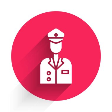 Beyaz Pilot simgesi uzun gölgeli izole edildi. Kırmızı daire düğmesi. Vektör İllüstrasyonu