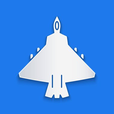 Kağıt kesiği Jet savaş ikonu mavi arka planda izole edilmiş. Askeri uçak. Kağıt sanatı tarzı. Vektör İllüstrasyonu