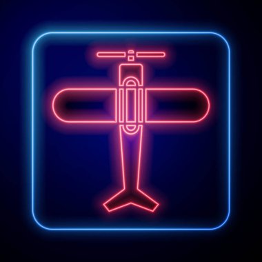 Parlayan neon düzlem simgesi mavi arkaplanda izole edildi. Uçan uçak ikonu. Uçak tabelası. Vektör İllüstrasyonu