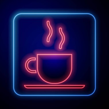 Parlayan neon kahve fincanı ikonu mavi arka planda izole edilmiş. Çay fincanı. Sıcak içecek kahvesi. Vektör İllüstrasyonu
