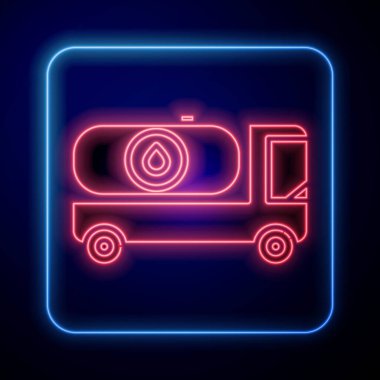 Parlayan neon yakıt tankeri ikonu mavi arka planda izole edildi. Benzin tankeri. Vektör İllüstrasyonu
