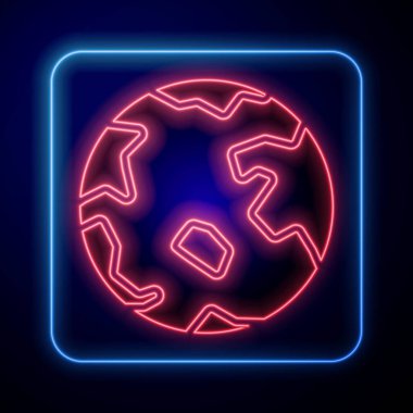 Parlayan neon dünya çapında simge mavi arkaplanda izole edildi. Yerküreye iğnele. Vektör İllüstrasyonu