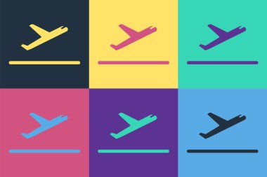Pop Art Plane kalkış ikonu renk arkaplanında izole edildi. Uçak taşıma sembolü. Vektör İllüstrasyonu