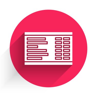 Beyaz Havaalanı tahta simgesi uzun gölgeli izole edildi. Mekanik skor tabelası. Havaalanındaki reklam panosundaki uçuş bilgileri. Kırmızı daire düğmesi. Vektör İllüstrasyonu