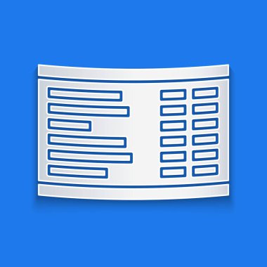 Kağıt kesiği hava alanı simgesi mavi arkaplanda izole edildi. Mekanik skor tabelası. Havaalanındaki reklam panosundaki uçuş bilgileri. Kağıt sanatı tarzı. Vektör İllüstrasyonu