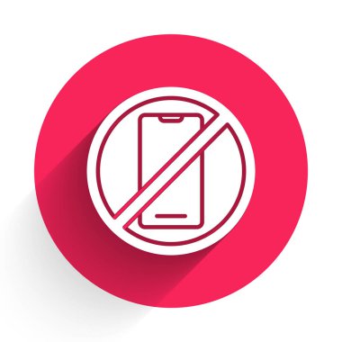 Beyaz. Cep telefonu simgesi uzun gölgeli değil. Konuşmak ve işaret vermek yok. Hücre yasağı. Kırmızı daire düğmesi. Vektör İllüstrasyonu