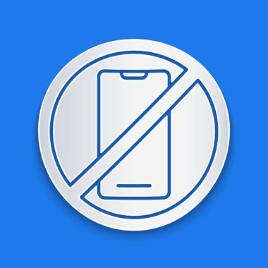 Kağıt kesiği. Mavi arkaplanda cep telefonu simgesi yok. Konuşmak ve işaret vermek yok. Hücre yasağı. Kağıt sanatı tarzı. Vektör İllüstrasyonu