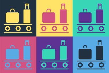 Pop Art Havalimanı taşıyıcı bandı, bavul, çanta, bavul, bagaj ikonu renkli arka planda izole edilmiş. Vektör İllüstrasyonu