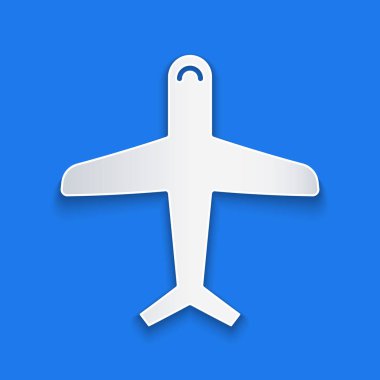 Mavi arka planda izole edilmiş kağıt kesme düzlem simgesi. Uçan uçak simgesi. Airliner işareti. Kağıt sanatı tarzı. Vektör Illustration