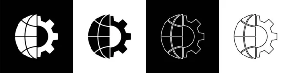 Set Globe Earth Tandwiel Tandradpictogram Geïsoleerd Zwart Wit Achtergrond Parameters — Stockvector