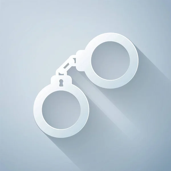 Papel Corte Handcuffs Ícone Isolado Fundo Cinza Estilo Arte Papel — Vetor de Stock