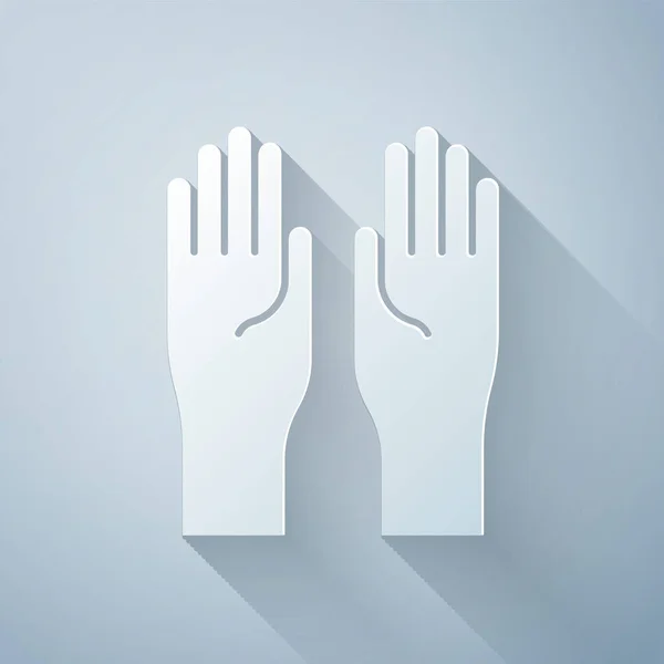 纸切割橡胶手套图标孤立在灰色背景 Latex手部保护标志家务活清洁用品符号 造纸艺术风格 病媒图解 — 图库矢量图片