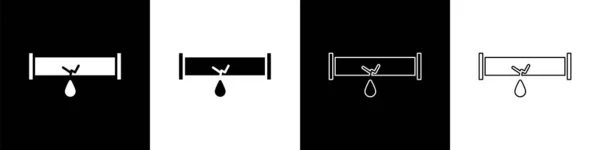 Set Broken metal pipe with leaking water icon isolated on black and white background. Vector Illustration