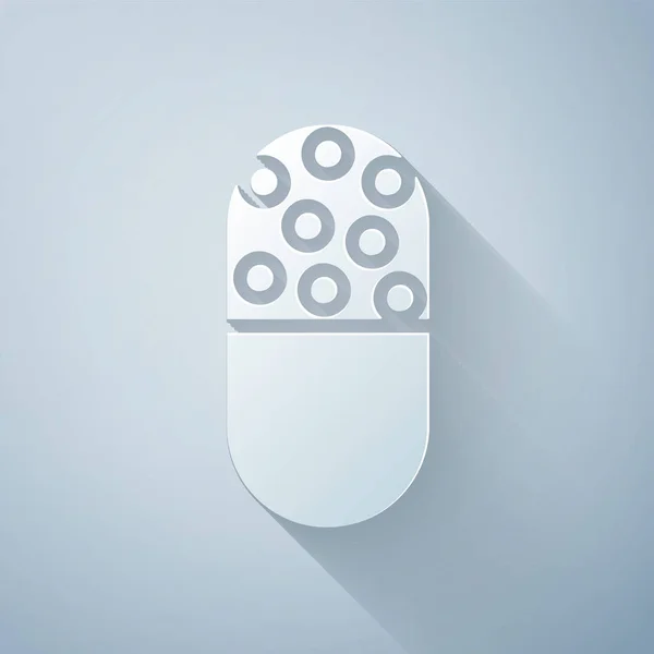 Řez Papíru Lék Pilulka Nebo Tablet Ikona Izolované Šedém Pozadí — Stockový vektor