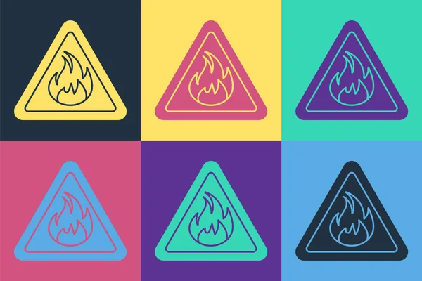 Pop Art Feuerflamme Dreieck Symbol Isoliert Auf Farbigem Hintergrund Warnzeichen — Stockvektor