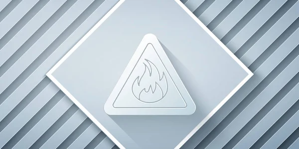 Paper Cut Fire Flame Triangle Icon Isolated Grey Background Warning — Stock Vector