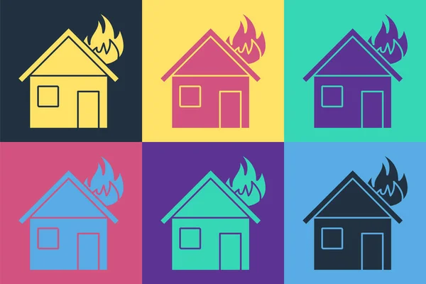 Pop Art Feuer Brennendem Haus Ikone Isoliert Auf Farbigem Hintergrund — Stockvektor