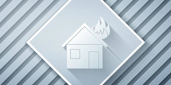 Papierschnitt Feuer Brennendem Haus Ikone Isoliert Auf Grauem Hintergrund Papierkunst — Stockvektor