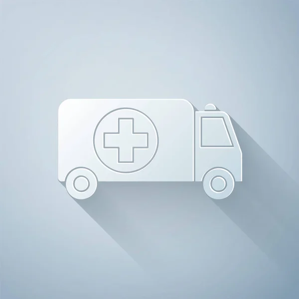 Paper Cut Ambulance Emergency Car Icon Isolated Grey Background Ambulance — Stock Vector