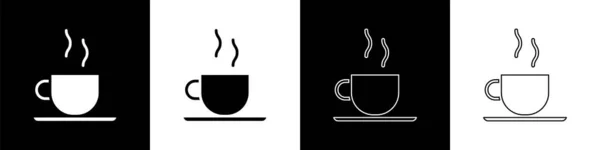 Set Koffiebeker Pictogram Geïsoleerd Zwart Wit Achtergrond Theekopje Warme Drank — Stockvector