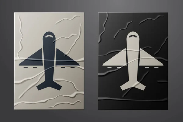 Weißes Flugzeug Symbol Isoliert Auf Zerknittertem Papierhintergrund Fliegende Flugzeug Ikone — Stockvektor