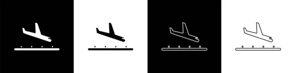 Stel Vliegtuig Landing Pictogram Geïsoleerd Zwart Wit Achtergrond Vliegtuigtransportsymbool Vector — Stockvector