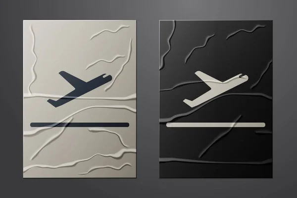 白色平面起飞图标孤立在皱折的纸张背景 飞机运输的标志 造纸艺术风格 病媒图解 — 图库矢量图片
