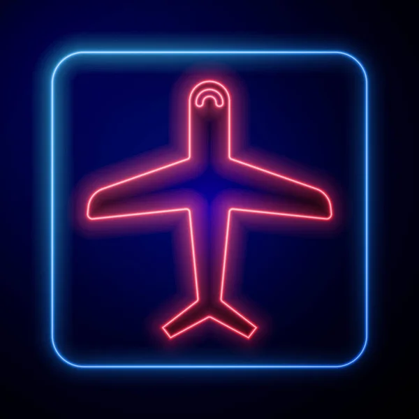 发光的霓虹灯平面图标孤立在蓝色的背景 飞行的飞机图标 航空公司的标志 病媒图解 — 图库矢量图片