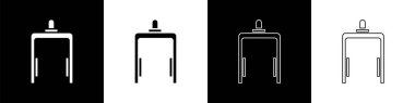 Havaalanı simgesindeki metal dedektörünü siyah beyaz arkaplanda izole et. Havaalanı güvenlik görevlisi metal dedektör kontrol noktasında. Vektör İllüstrasyonu