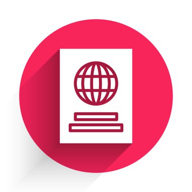 Uzun gölgeli, biyometrik veri simgesine sahip beyaz pasaport. Kimlik Belgesi. Kırmızı daire düğmesi. Vektör İllüstrasyonu